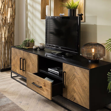 Quatropi Industrial Solid Wood TV Stand Cabinet Parquet Herringbone Black 200cm