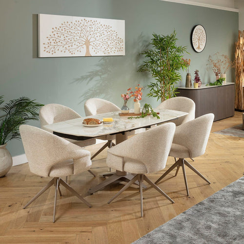 Willow & Johnson 6 Seater Extendable Ceramic Dining Set Cream & White Return Swivel Chairs