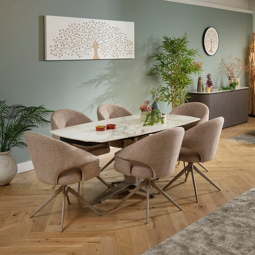 Willow & Johnson 6 Seater Extendable Ceramic Dining Set Beige & White Return Swivel Chairs