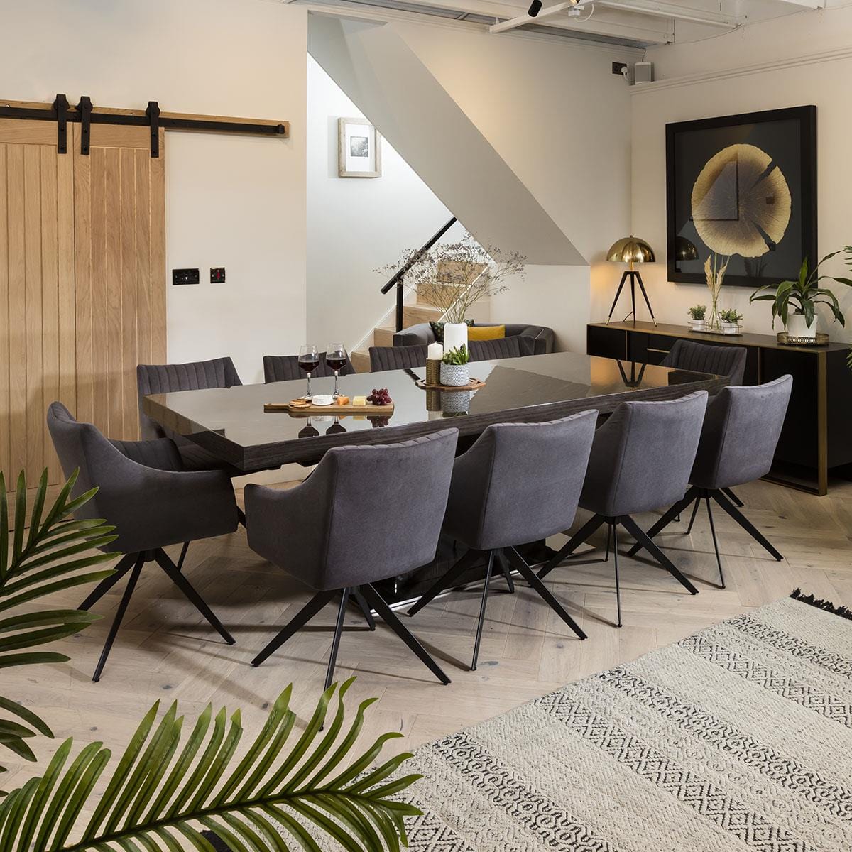 Large 10 Seater Large Gloss Grey Oak Dining Table and Luxury Swivel Ch ...