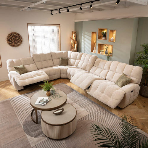 Luca Large 6 Seater Triple Recliner Corner Sofa Beige Chenille 380x300cm 15R1