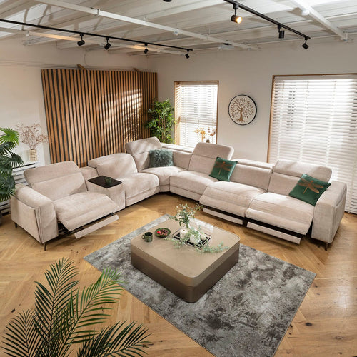Florance 6 Seater Triple Recliner Corner Sofa & Storage Console Putty Grey 391x342cm