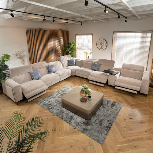Florance 7 Seater Triple Recliner Corner Sofa & Storage Console Putty Grey 424x391cm