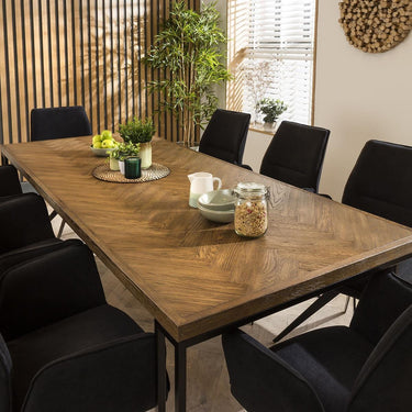 Quatropi Large 8 Chair Seat Dining Set Modern Parquet Wood Black Velvet 220cm