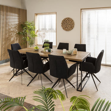 Quatropi Large 8 Chair Seat Dining Set Modern Parquet Wood Black Velvet 220cm