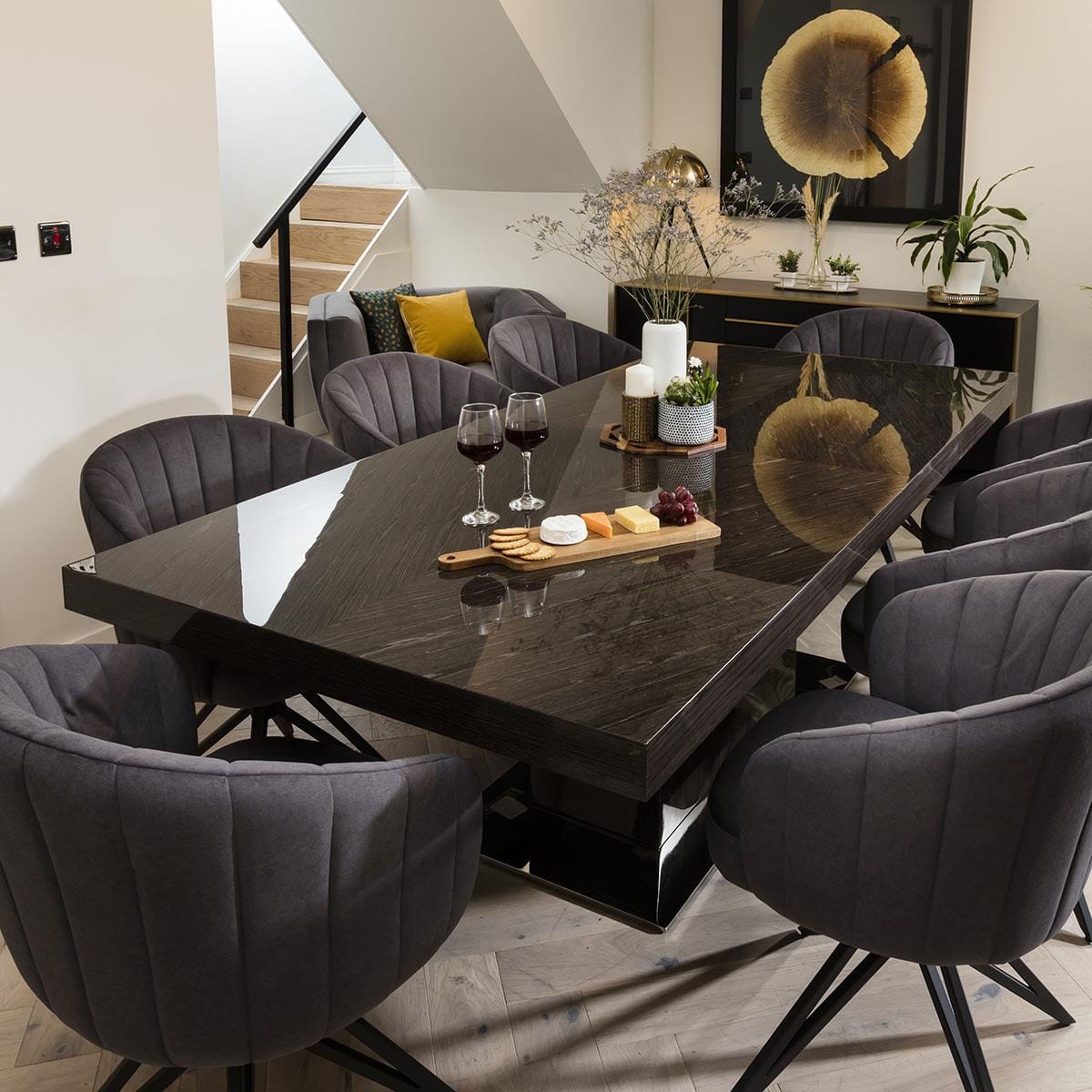 Quatropi Large 8 Seater Large Gloss Grey Oak Dining Table and Luxury Swivel Chairs
