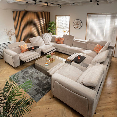 Florance 8 Seater Quad Recliner U-Shape Sofa & Storage Console Putty Grey 408x342cm