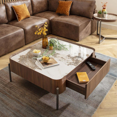 Quatropi Large Coffee Table with Drawer Storage Wood Ceramic Marble 100cm