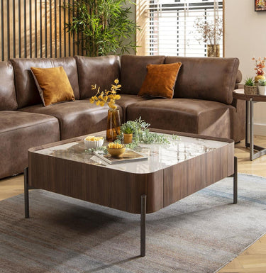 Quatropi Large Coffee Table with Drawer Storage Wood Ceramic Marble 100cm