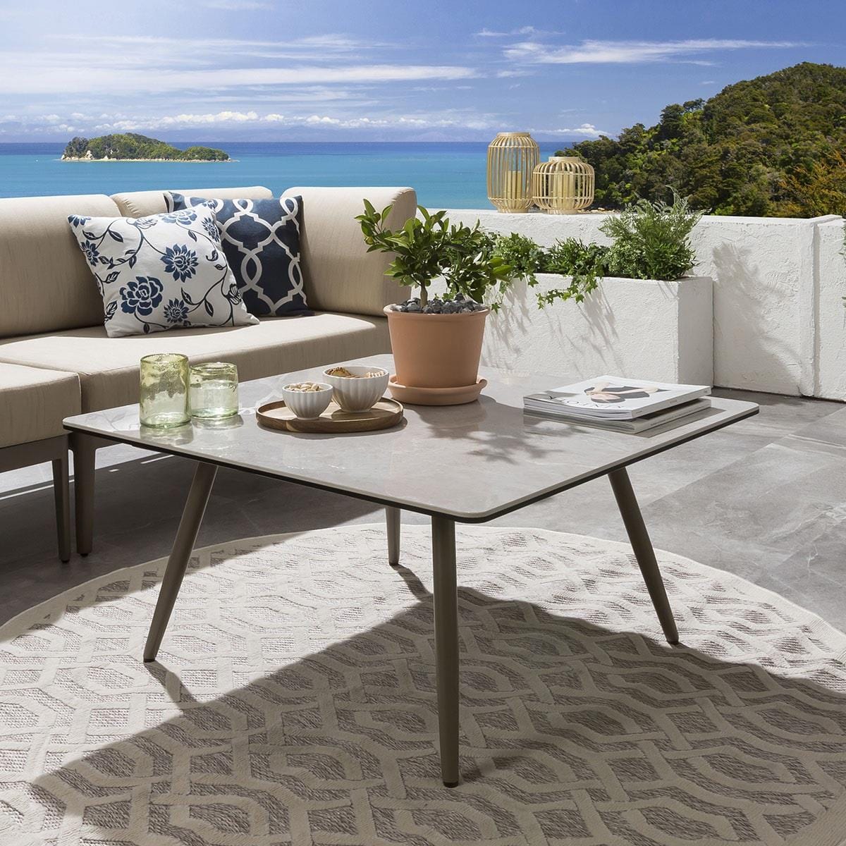 Quatropi Large Garden Corner Sofa Set | 8 Seater Beige Aluminium Sofa & Coffee Table