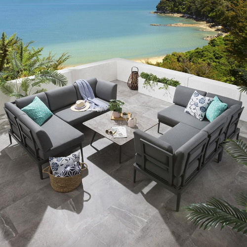 Large Garden Corner Sofa Set | 8 Seater Grey Aluminium Sofa & Coffee Table