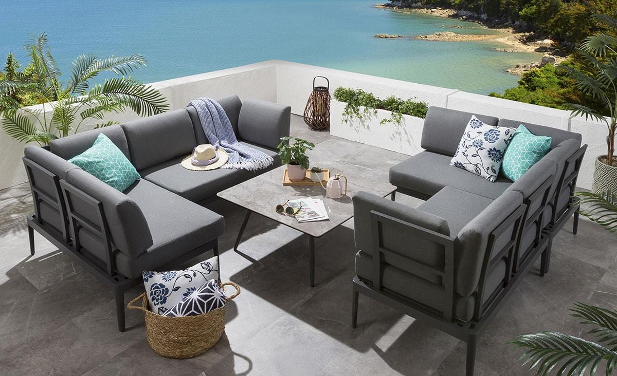 Quatropi Large Garden Corner Sofa Set | 8 Seater Grey Aluminium Sofa & Coffee Table