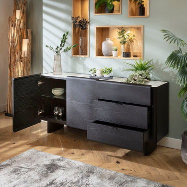 Quatropi Large Mid Century Modern Sideboard Buffet Cabinet Black Oak Ceramic 180cm x 45cm