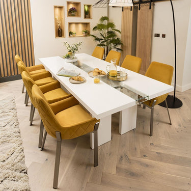 Quatropi Large Modern 8 Seater Dining Table & Chairs White Gloss Mustard Fabric