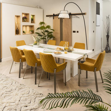 Quatropi Large Modern 8 Seater Dining Table & Chairs White Gloss Mustard Fabric