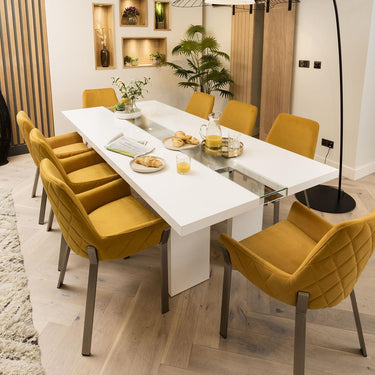 Quatropi Large Modern 8 Seater Dining Table & Chairs White Gloss Mustard Fabric
