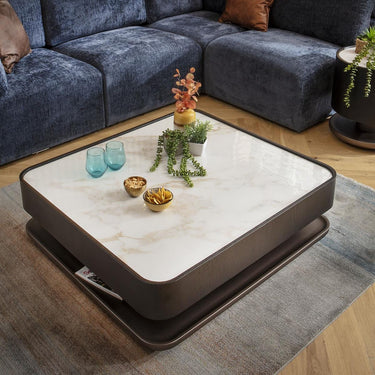 Quatropi Large Modern Black Coffee Table White Marble Effect Ceramic 103x93cm