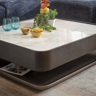 Quatropi Large Modern Black Coffee Table White Marble Effect Ceramic 103x93cm