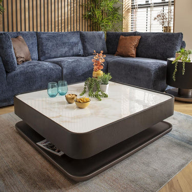 Quatropi Large Modern Black Coffee Table White Marble Effect Ceramic 103x93cm