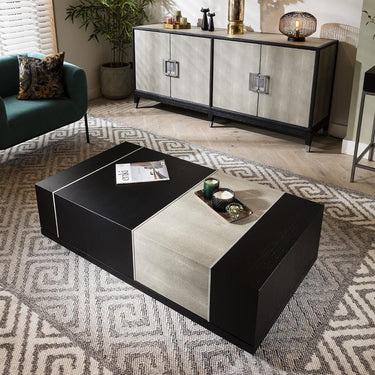 Quatropi Large Modern Coffee Table Rectangular Shagreen Black Oak Wood 130x70cm