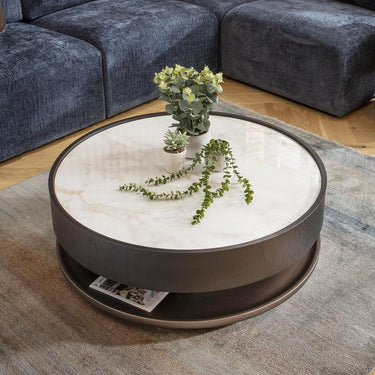Quatropi Large Modern Round Black Coffee Table White Marble Effect Ceramic 93cm