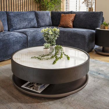 Quatropi Large Modern Round Black Coffee Table White Marble Effect Ceramic 93cm