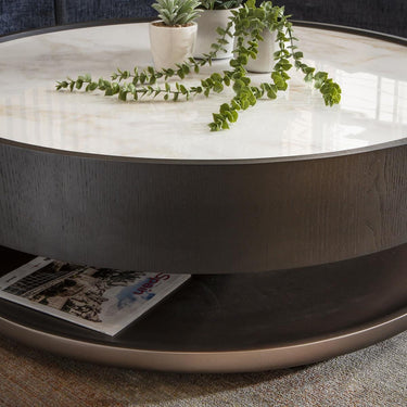 Quatropi Large Modern Round Black Coffee Table White Marble Effect Ceramic 93cm