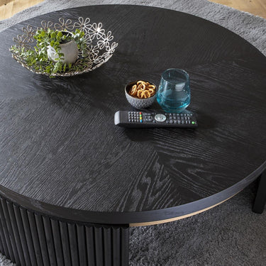 Quatropi Large Modern Round Coffee Table Luxury Black Oak Wood Brass Metal 100cm