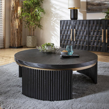 Quatropi Large Modern Round Coffee Table Luxury Black Oak Wood Brass Metal 100cm