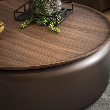 Quatropi Large Modern Round Coffee Table Walnut Wood Brown Metal Drum 90cm