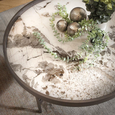 Quatropi Large Modern Round Glass Coffee Table White Marble Effect 90cm