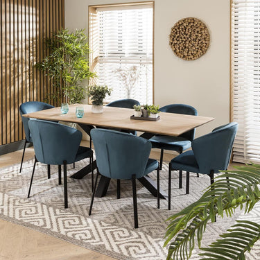 Quatropi Large Modern Solid Natural Wooden 6 Chair Dining Set Blue Velvet 190cm
