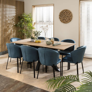 Quatropi Large Modern Solid Natural Wooden 8 Chair Dining Set Blue Velvet 190cm