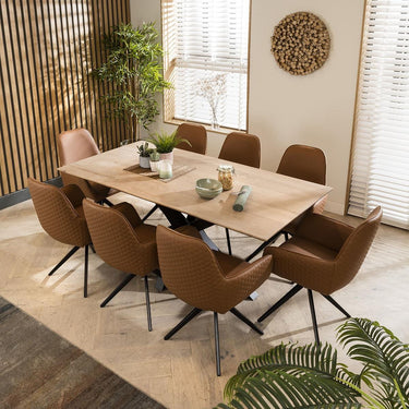 Quatropi Large Modern Solid Natural Wooden 8 Seat Dining Set Tan Leather 190cm