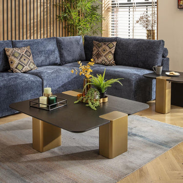 Quatropi Large Modern Square Black Coffee Table Premium Black Oak Gold 100cm