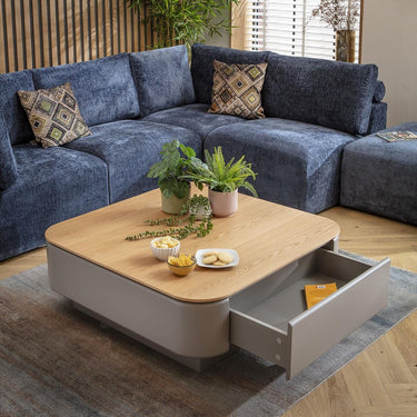 Quatropi Large Modern Square Coffee Table with Drawer Storage Grey Oak 100cm