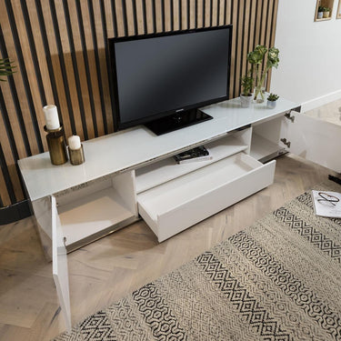 Quatropi Large Modern TV Stand Cabinet Unit Media Storage 220cm White Gloss