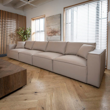 Quatropi Large Modular Beige Leather Cinema Sofa 4 Seater Couch 398cm