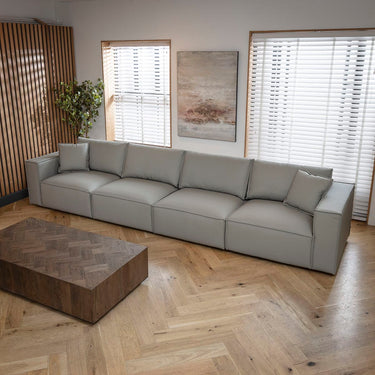 Quatropi Large Modular Grey Leather Cinema Sofa 4 Seater Couch 398cm