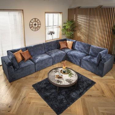 Quatropi Large Modular L-Shape Modern Corner Sofa 6 Seater Set Blue Fabric
