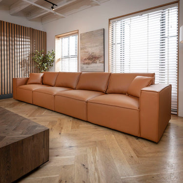 Quatropi Large Modular Tan Leather Cinema Sofa 4 Seater Couch 398cm