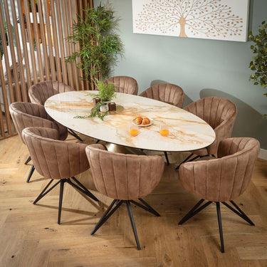 Quatropi Large Oval 8 Seater Ceramic Marble Dining Table and Chairs Set Brown White