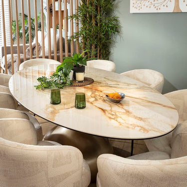 Quatropi Large Oval 8 Seater Ceramic Marble Dining Table and Chairs Set Cream White