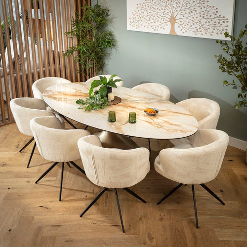 Lyla & Venusia Large 8 Seater Oval Ceramic Dining Set Cream & White Return Swivel Chairs