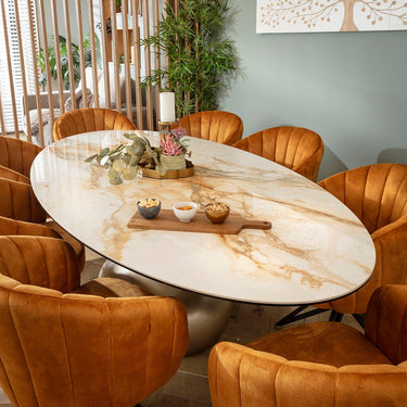 Quatropi Large Oval 8 Seater Ceramic Marble Dining Table and Chairs Set Saffron White