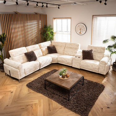 Quatropi Large Recliner L-Shape Corner Sofa Bluetooth Sound System Cup Holders Storage Cream Pattern 340x300cm