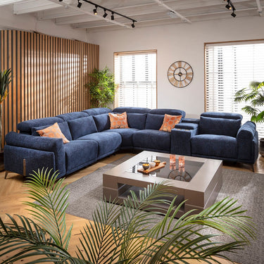 Quatropi Large Recliner L-Shape Corner Sofa Bluetooth Sound System Cup Holders Storage Dark Blue 340x300cm
