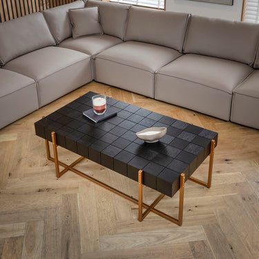 Quatropi Large Rectangular Wooden Coffee Table Black Oak & Gold 138x78cm