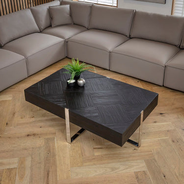 Quatropi Large Rectangular Wooden Coffee Table Black Relcaimed Wood & Silver 130x80cm