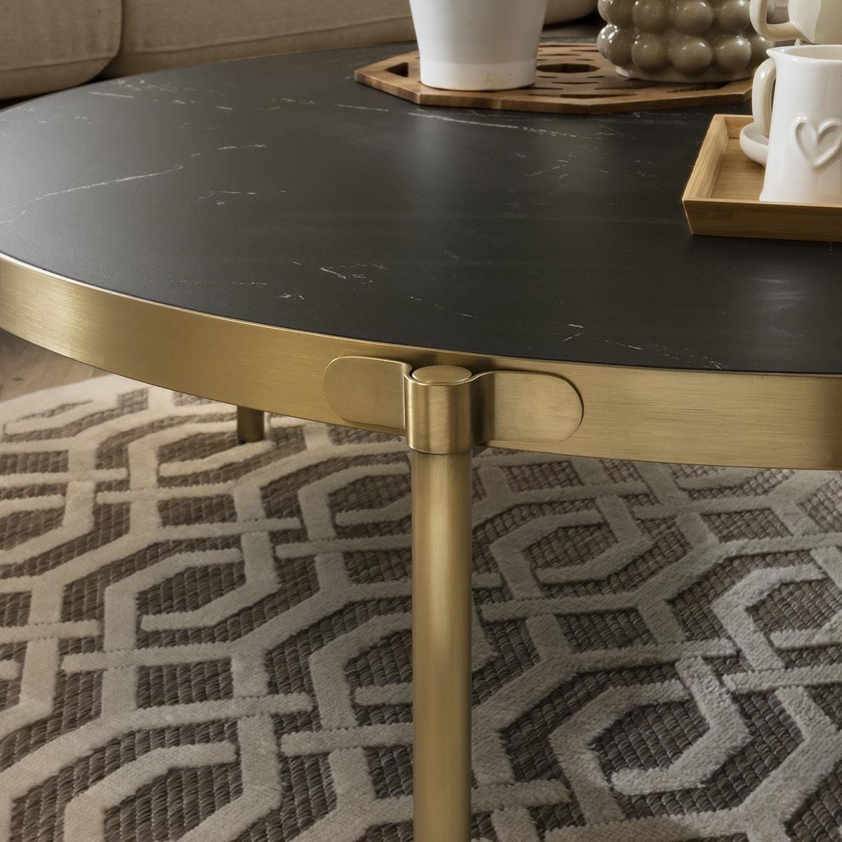 Quatropi Large Round Ceramic Marble Coffee Table with Metal Trim - 100cm Black